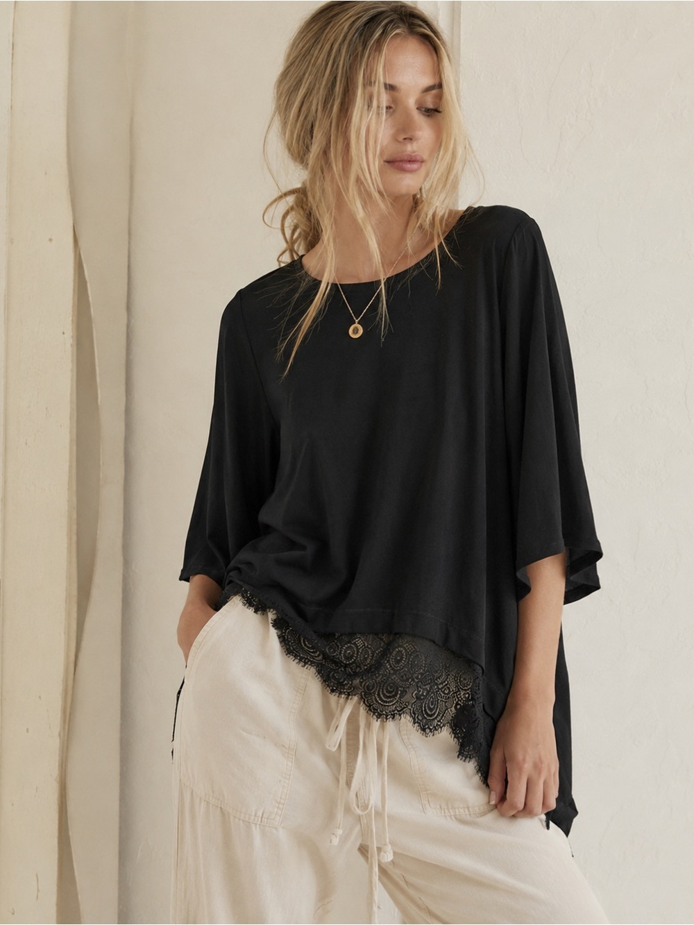 Chloe K Black Lace Trim High Low Top